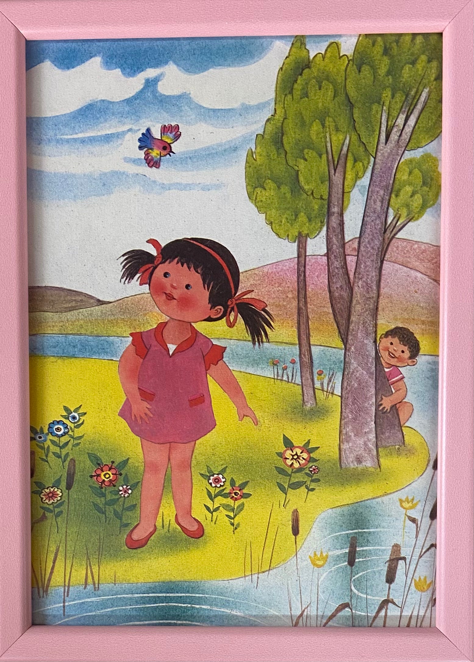 פרינט ילדה וציפור: מתוך: שירים ופזמונות לילדים