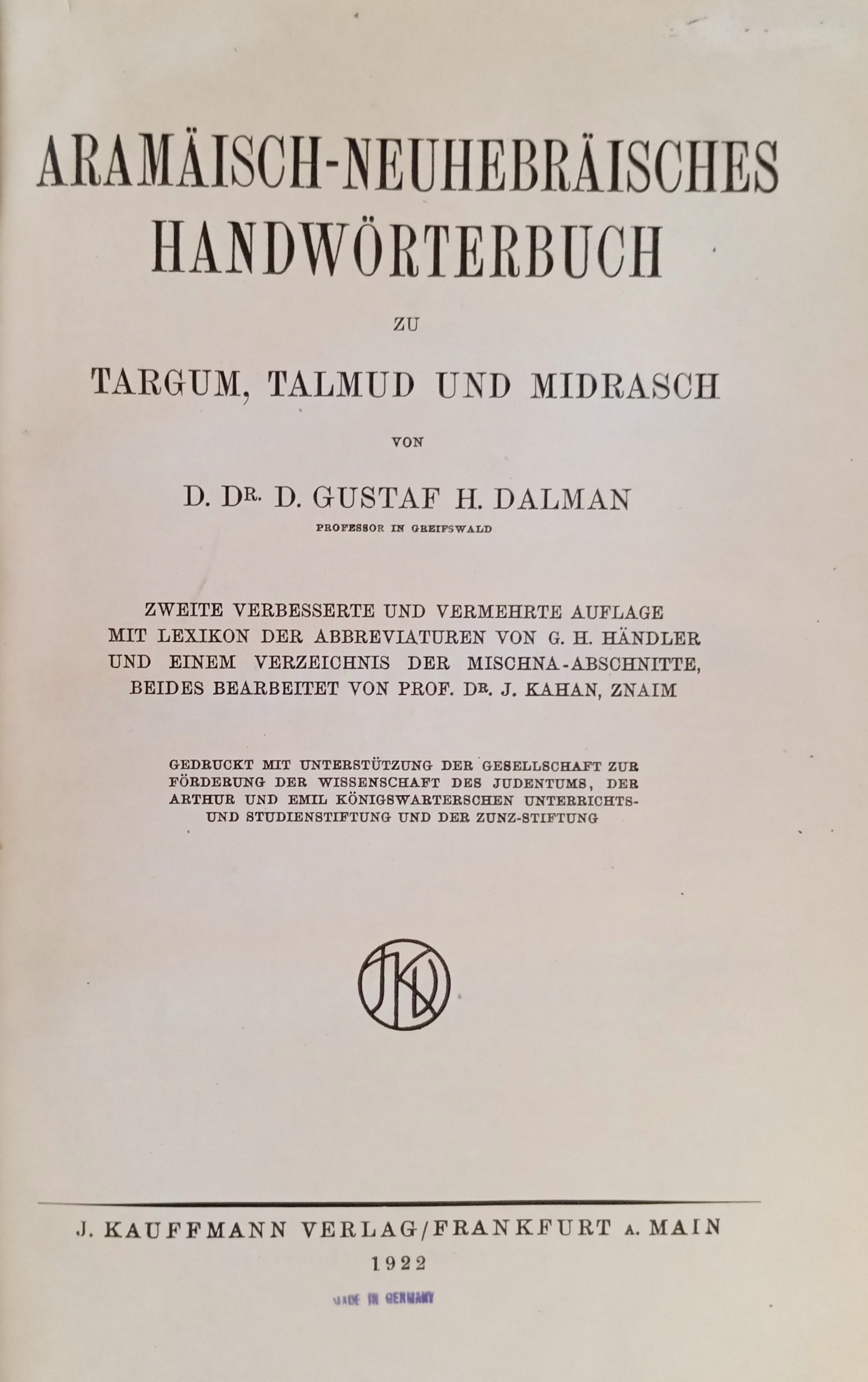Aramäisch-neuhebräisches Handwörterbuch zu Targum, Talmud und Midrasch / mit Lexikon der Abbreviaturen